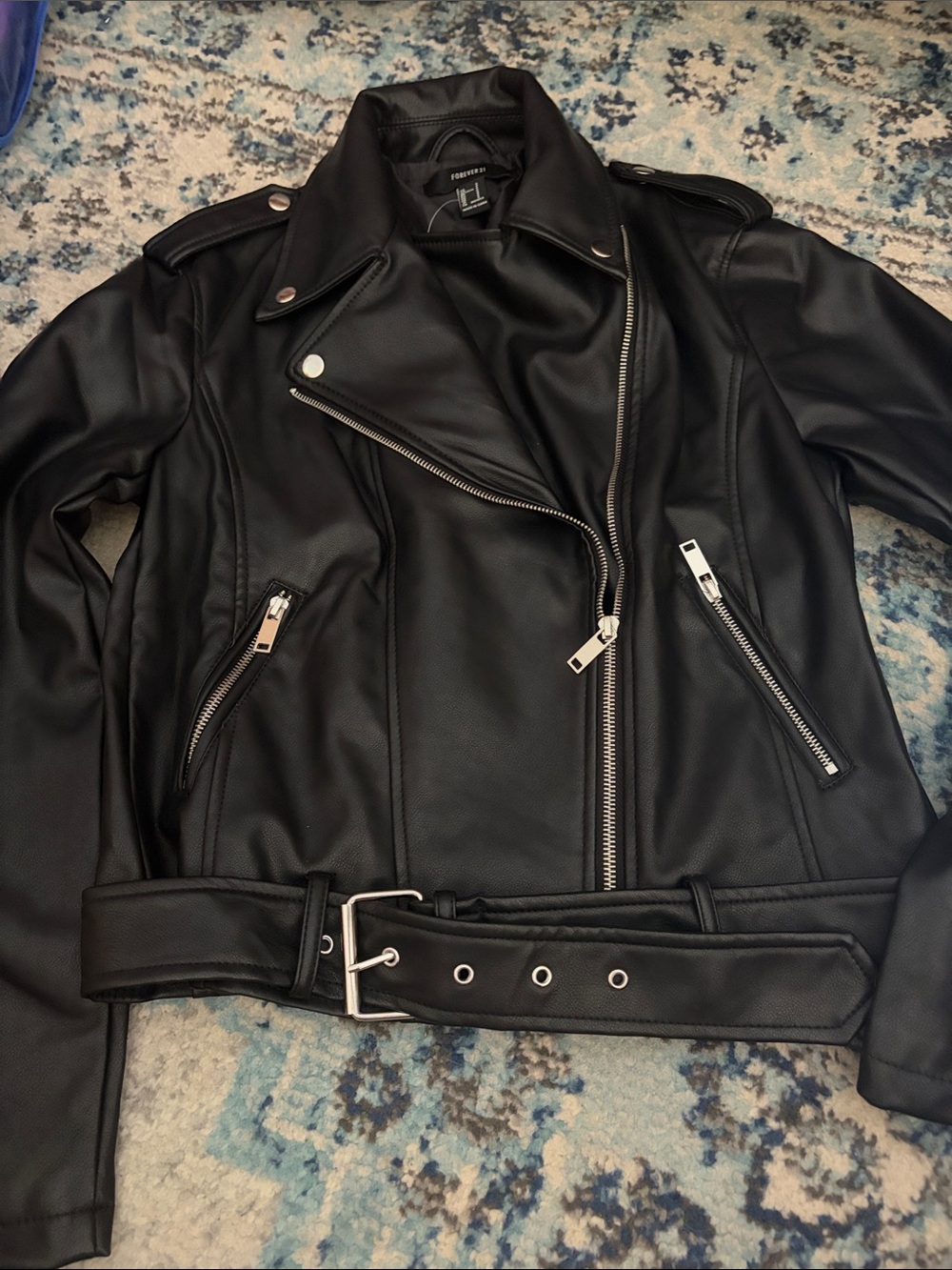 Forever 21 Black Faux Leather Belted Moto Jacket